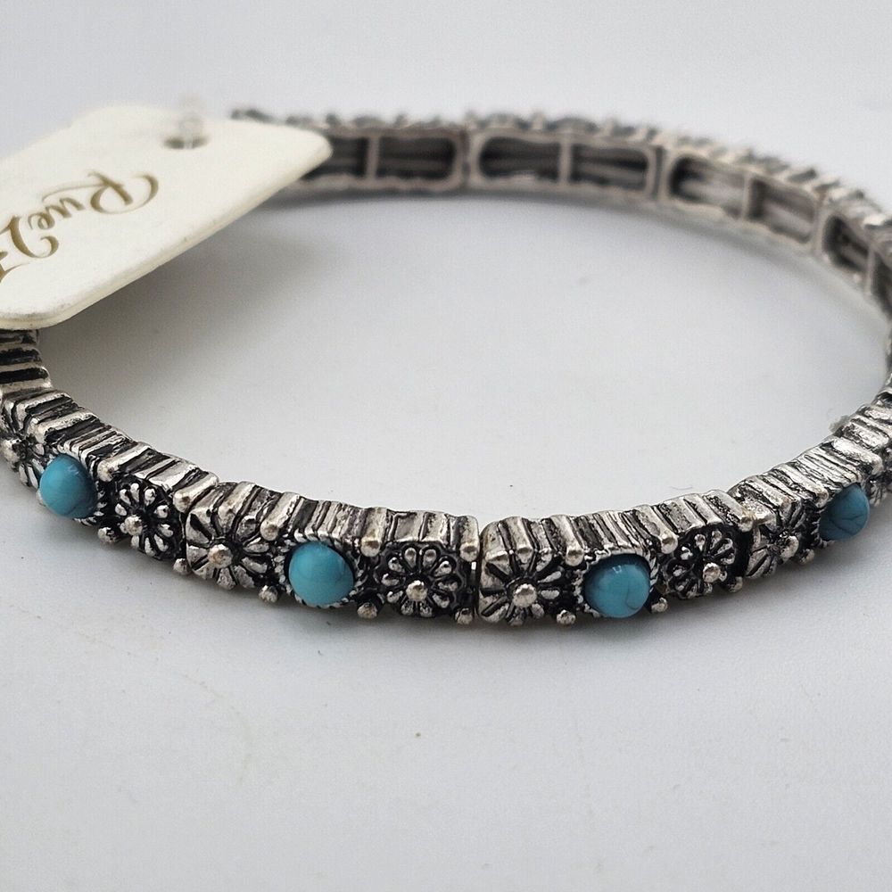 Nwt Silver Tone Faux Turquoise Stretch Bracelet Rue 27